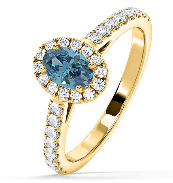 Georgina Blue Lab Diamond Oval Halo 0.90ct Ring in 18K Yellow Gold - Elara Collection